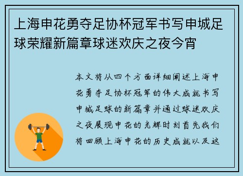 上海申花勇夺足协杯冠军书写申城足球荣耀新篇章球迷欢庆之夜今宵