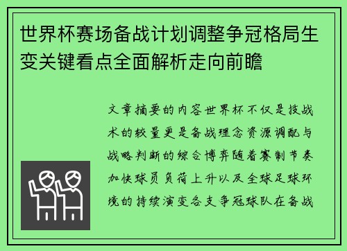 世界杯赛场备战计划调整争冠格局生变关键看点全面解析走向前瞻